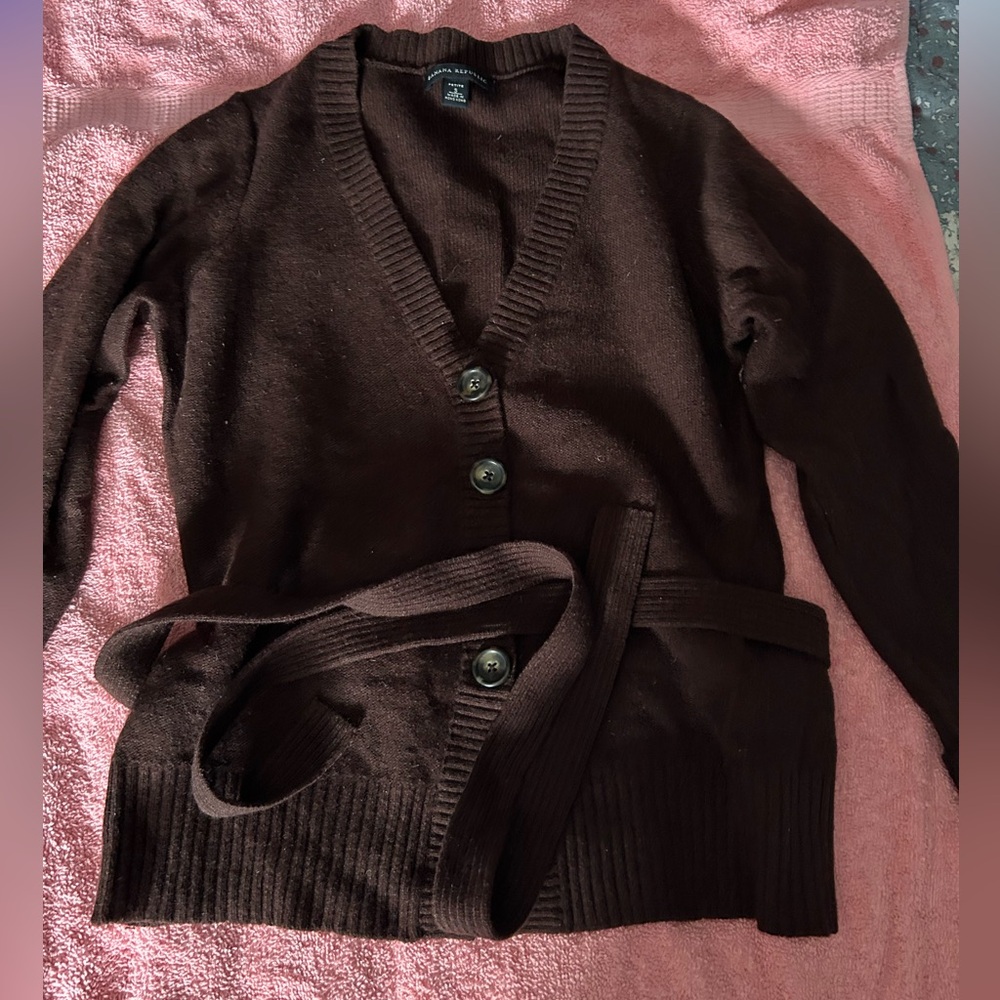 Banana Republic Brown Cardigan Sweater with Ribbed Knit and Belted Waist